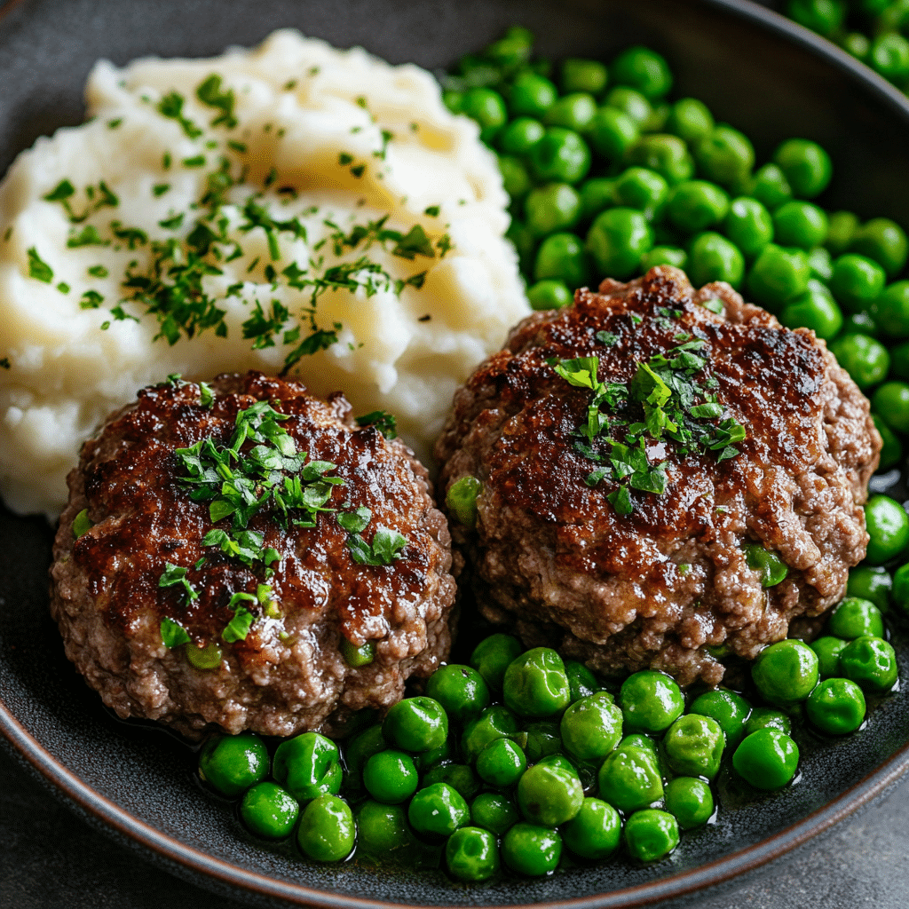 fyllda älgfärsbiffar med gröna ärtor och potatismos