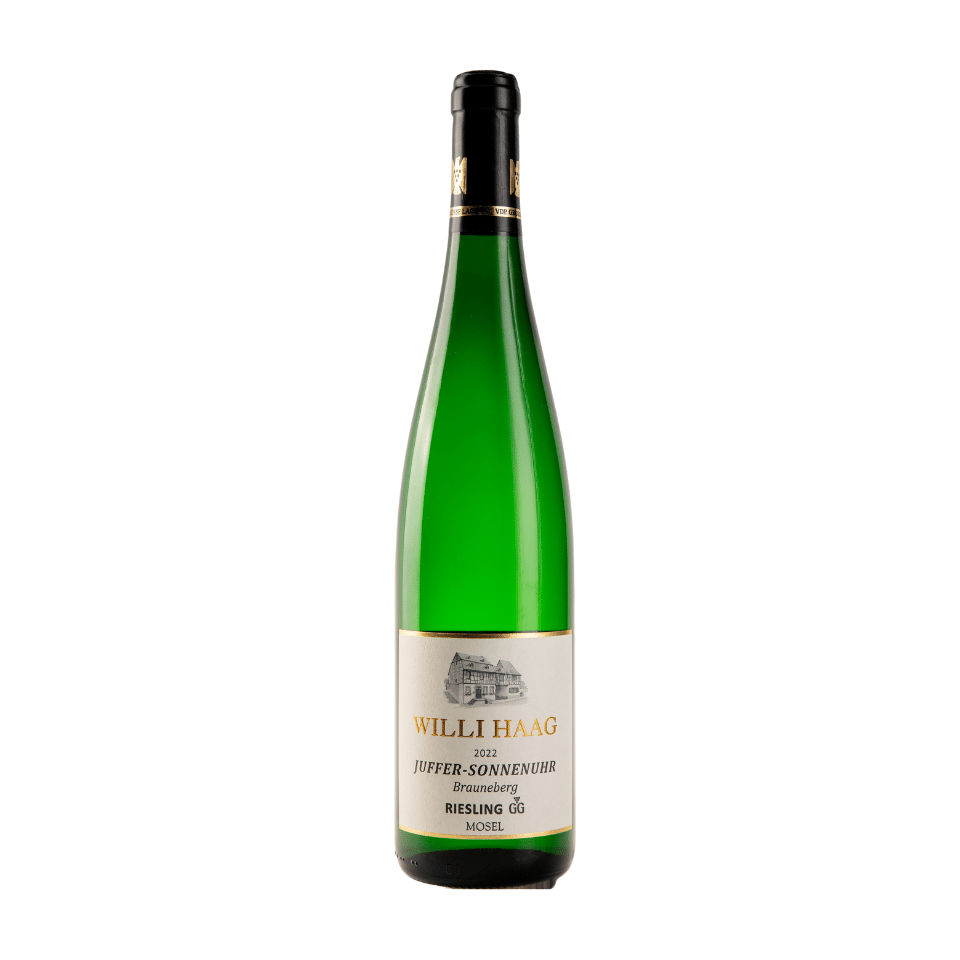 Willi Haag Brauneberger Juffer-Sonnenuhr Riesling trocken 2022 VDP GG Grose Lage vitvinsflaska med etikett